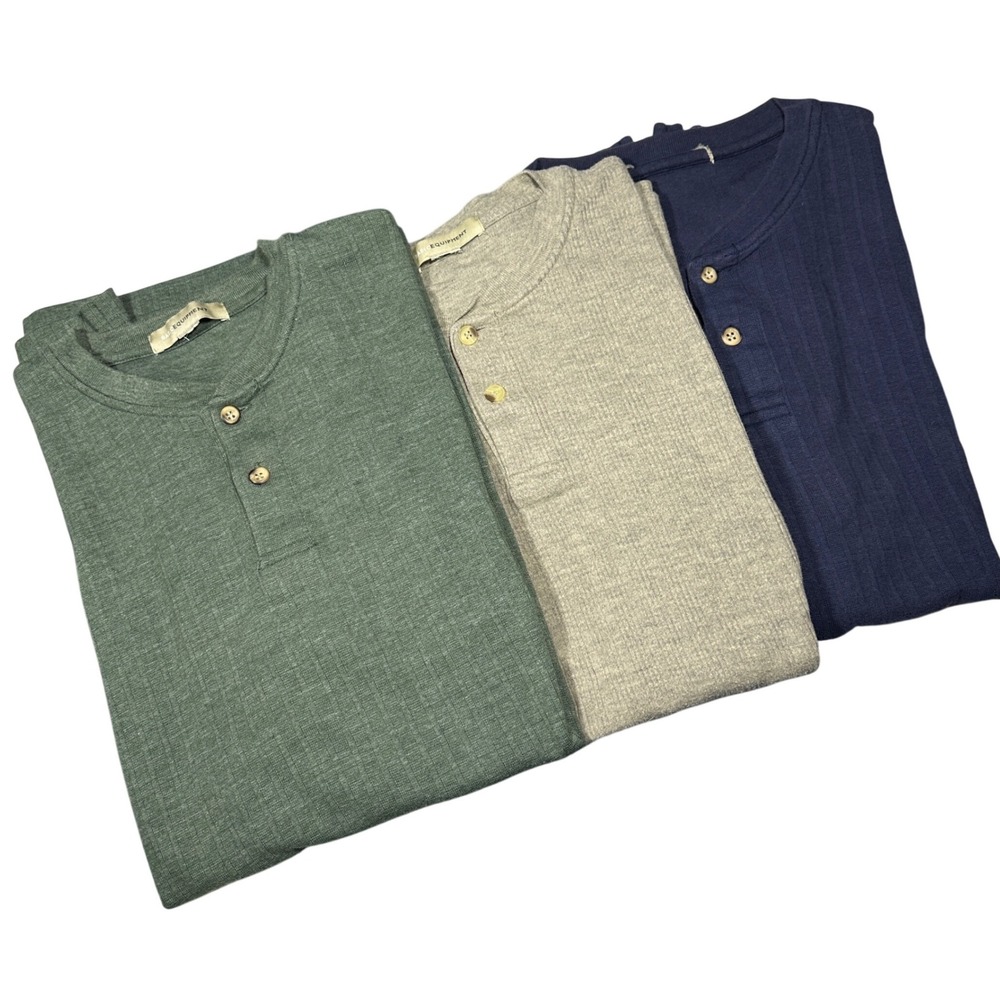Vtg Basic Equipment Henley Shirt Bundle 3 Pack Green Grey Navy Blue Short Sleeve